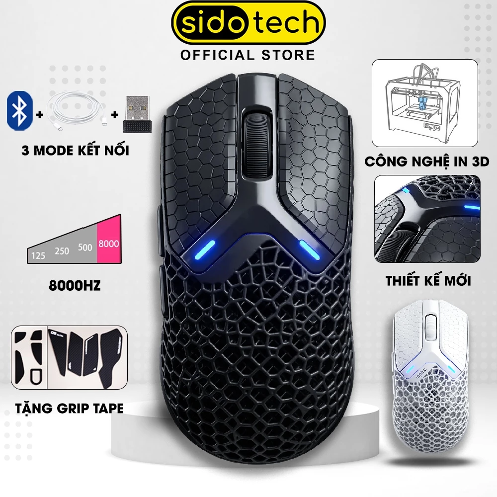 Chuột không dây gaming SIDOTECH INPHIC IN10 3D 3 mode bluetooth siêu nhẹ 8000hz chip PAW3950 thiết kế độc lạ pin sạc