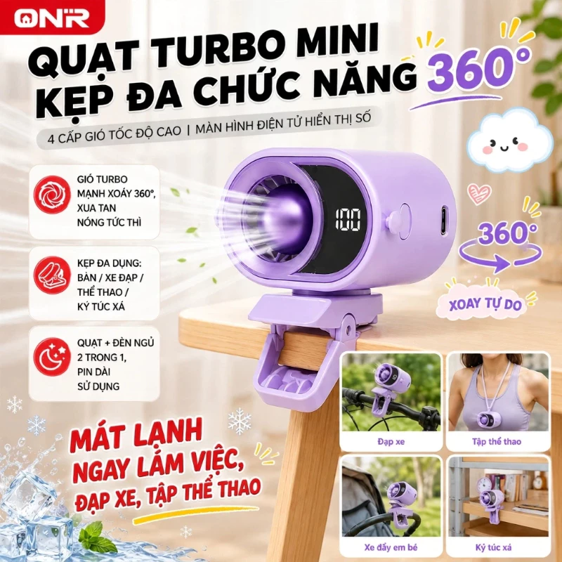 Quạt Mini Kẹp 2in1 Quạt + Đèn Ngủ, 199 Cấp Gió, Xoay 360°, Turbo Gió Mạnh, Dùng Cho Xe Đẩy Em Bé