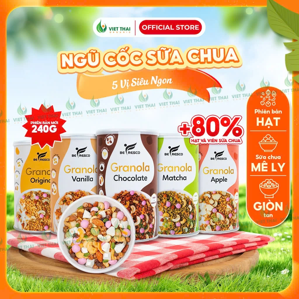 [FULL 5 VỊ] Ngũ Cốc Granola Sữa Chua Tăng 80% Hạt Mix Vi Siêu Ngon Ăn Sáng Eatclean Befresco 240G