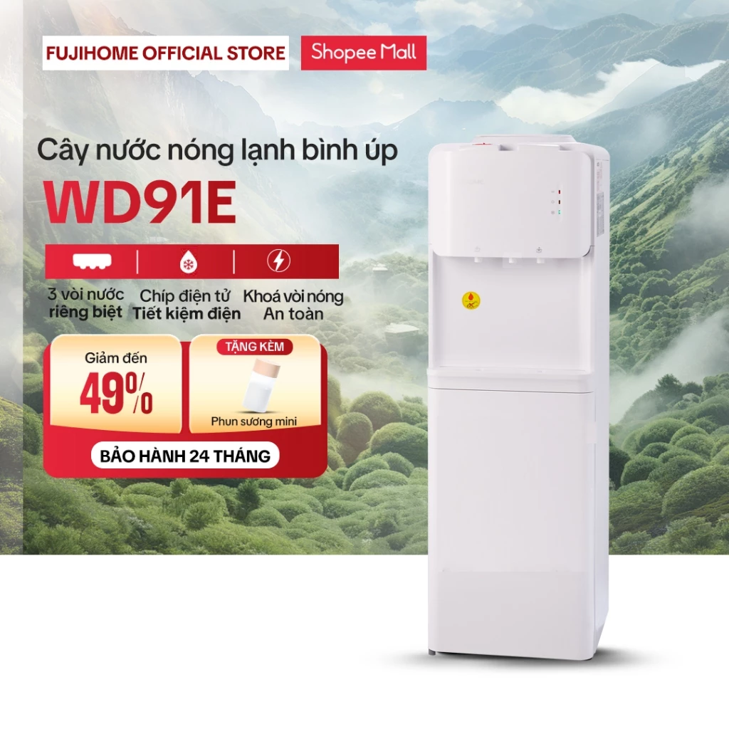 Cây nước nóng lạnh 3 vòi FUJIHOME WD91E Nhập khẩu có khoá vòi nóng, máy nước uống bình lọc nước úp tiết kiệm điện