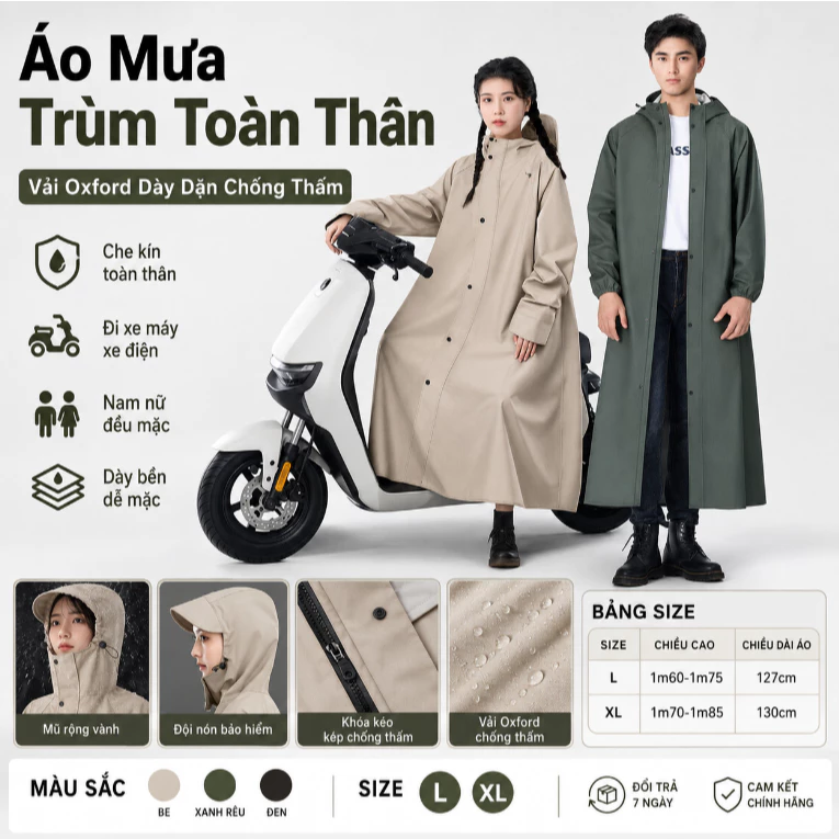Áo Mưa Dài Toàn Thân Chống Bão Tốt Nhất Vải Oxford Bền Chắc Chống Thấm Tuyệt Đối Cho Xe Máy Điện Mưa Lớn Gió Mạnh
