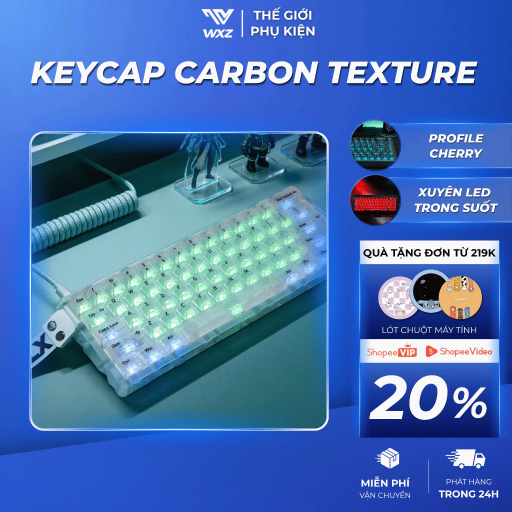 Keycap Carbon Texture Trong Suốt Xuyên LED RGB Nhựa PC Profile Cherry Cho Mọi Layout Bàn Phím Cơ