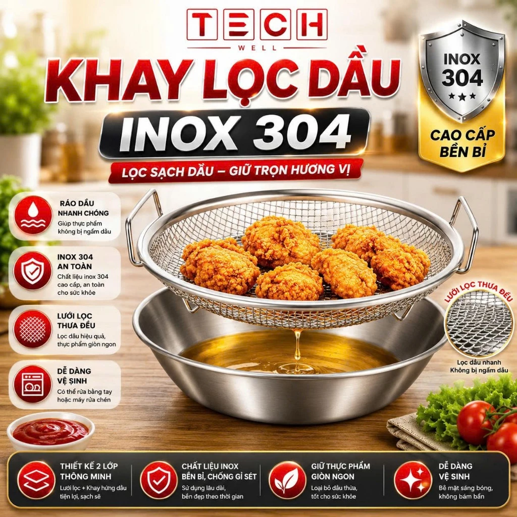 SÉT KHAY KÈM VỈ LƯỚI LỌC DẦU CHẤT LIỆU INOX 304 CAO CẤP, TIỆN LỢI - AN TOÀN