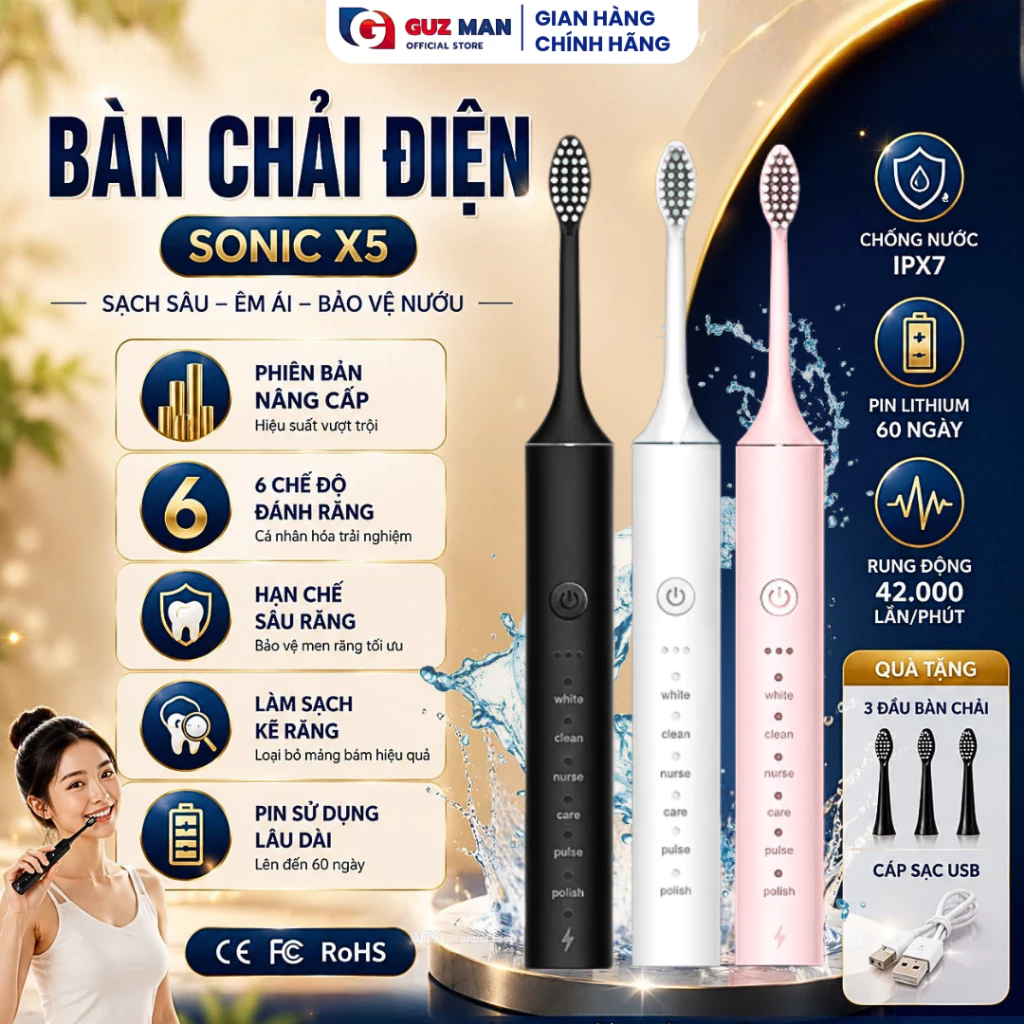 Bàn Chải Điện Đánh Răng Thông Minh X5/X7 Công Nghệ Sóng Âm Kháng Nước 6 Chế Độ Tặng 4 Đầu Chải