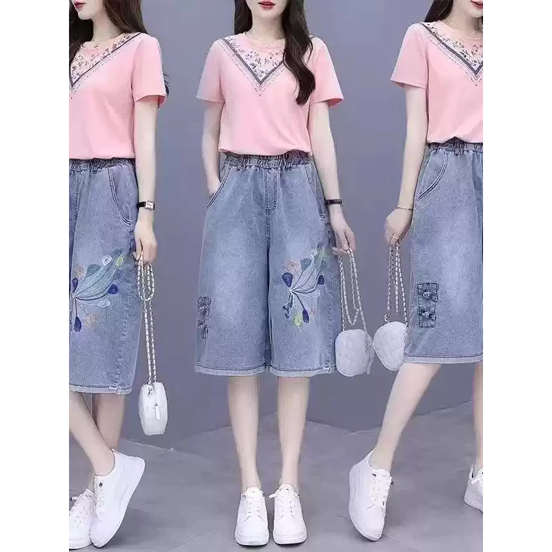 Quần ngố lửng nữ denim ống rộng, quần lửng cạp cao giúp thon gọn, quần ống rộng thêu [M86]