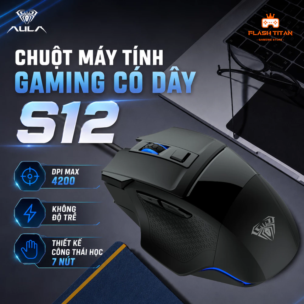 Chuột gaming có dây Aula S12 - Chuột công thái học 7 nút - Không độ trễ - DPI max 4200 - Chuột gaming, văn phòng