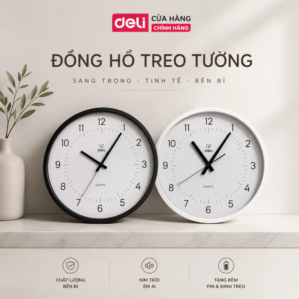 Đồng Hồ Treo Tường Deli Decor Trang Trí Phòng Kim Trôi Yên Tĩnh Kiểu Dáng Hiện Đại Tối Giản