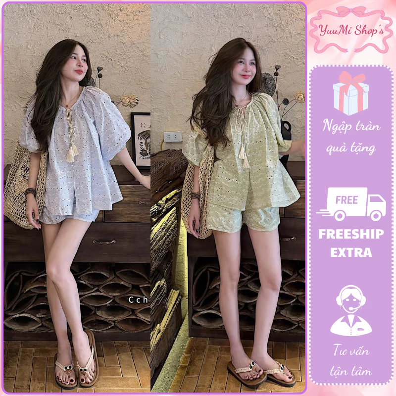 Set quần áo nữ hoa nhí thêu lỗ áo kiểu cổ nơ tay lửng quần đùi ống rộng đồ bộ nữ đi biển HCOM27229