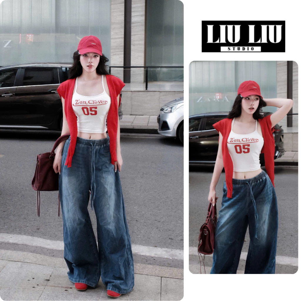 Quần jean cạp chun ống suông nữ LIULIU STUDIO L35 form rộng baggy y2k xanh wash mềm nhẹ hack dáng che khuyết điểm