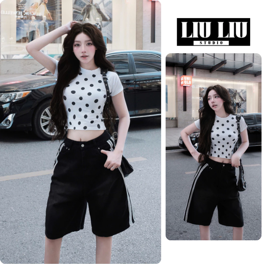 Áo thun nữ chấm bi LIULIU STUDIO L36 co giãn 4 chiều ôm dáng tay phối sọc thể thao trẻ trung phong cách hàn quốc