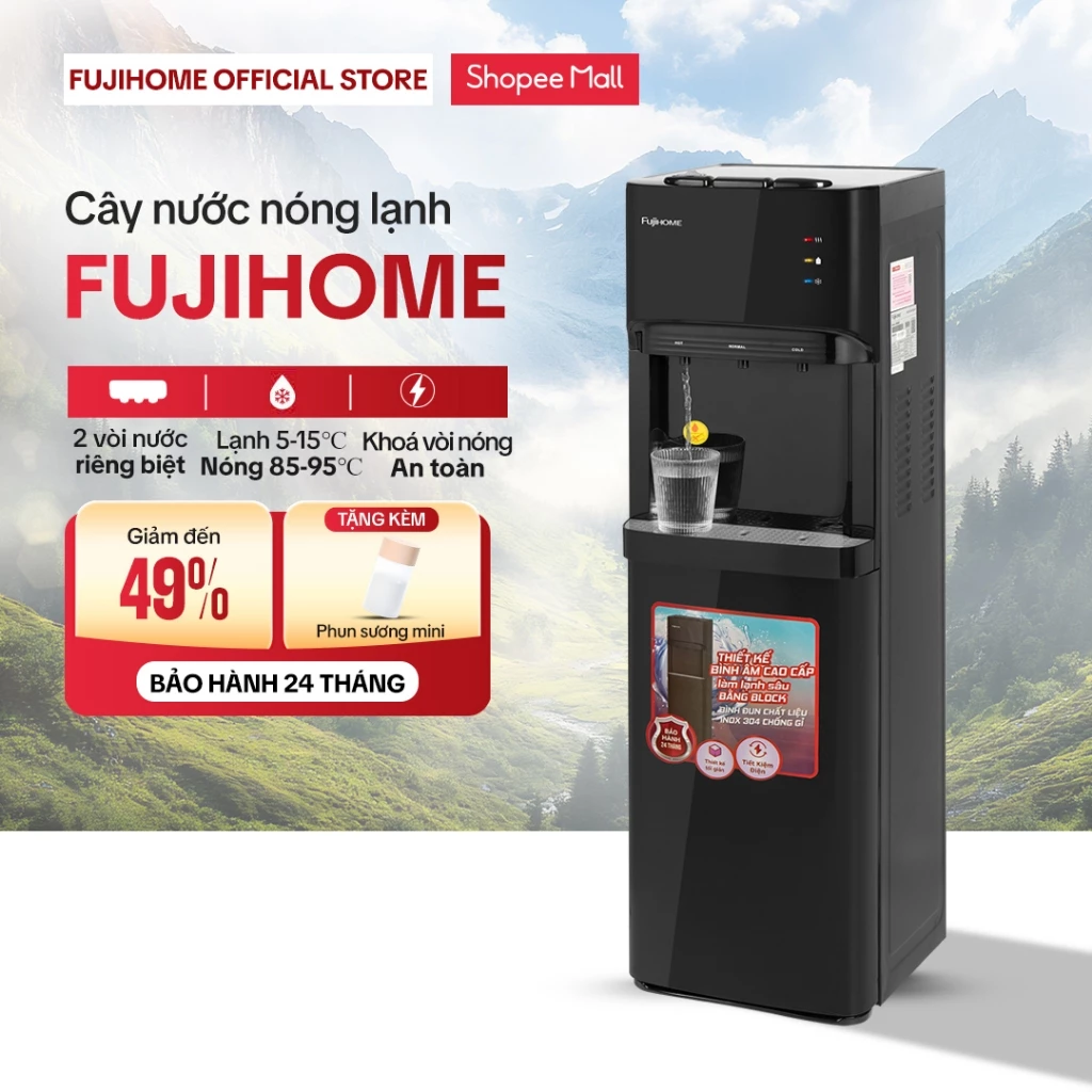 Cây nước nóng lạnh Nhập Khẩu FUJIHOME tiết kiệm điện, máy nước uống nóng lạnh bình âm 2 vòi