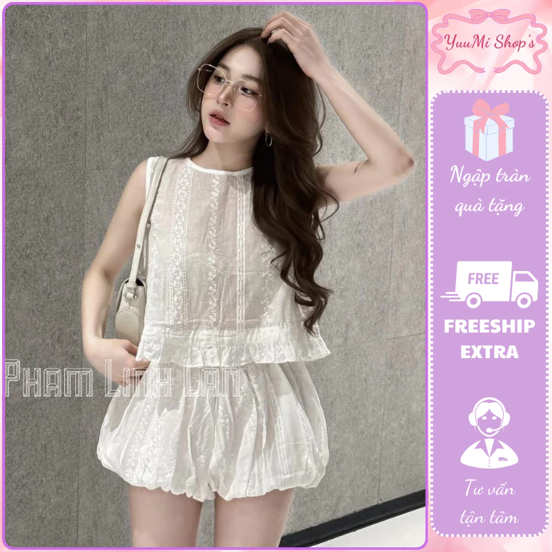 Bộ quần áo nữ set đồ nữ đẹp sát nách phối bèo tầng chân váy ngắn quả bí bồng bềnh phong cách mới HCOM25705