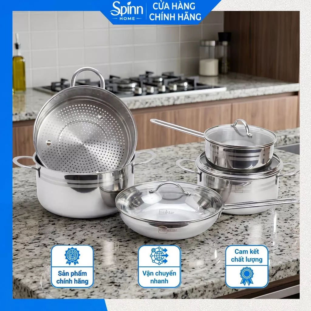 Nồi fivestar đúc liền khối inox 304 3 lớp, bộ xoong cao cấp dùng được trên nhiều loại bếp