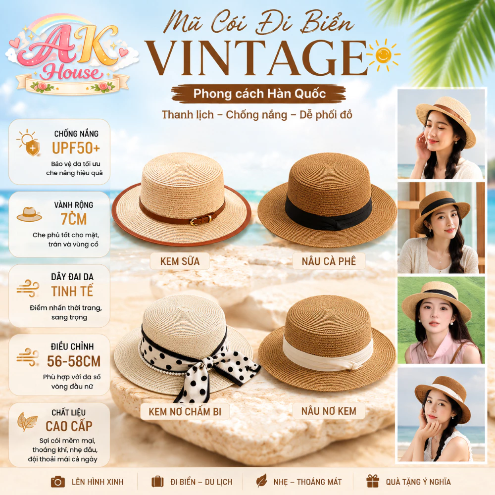 Mũ Cói Đi Biển Nữ MC6 Vành Phẳng Vintage Hàn Quốc Chống Nắng UPF50+ Form Cứng Tôn Mặt Nơ Chấm Bi/Nơ Kem