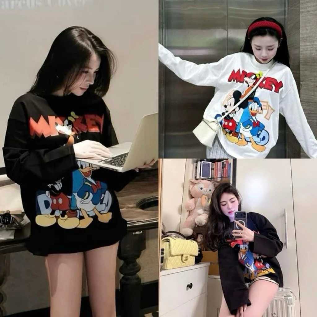 Áo thun nữ dài tay Mickey Donald Duck - Thiết kế hoạt hình dễ thương - Phong cách thời trang hiện đại- Mickey+ Vịt