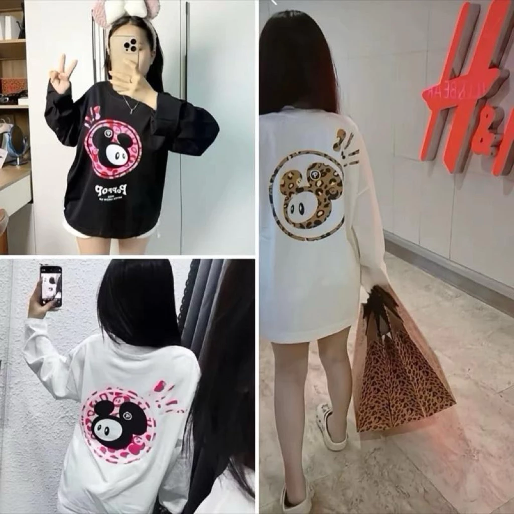 Áo thun nữ dài tay in 2 mặt form rộng hình hoạt hình dễ thương- POP