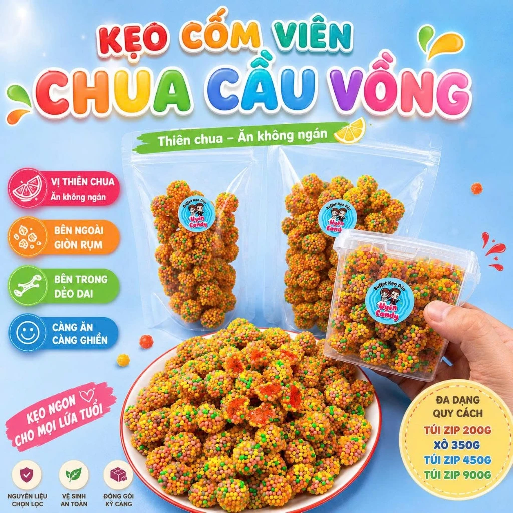 Kẹo Dẻo Phủ Cốm Viên Chua Cầu Vồng, Vị Chua-Phù Hợp Cho Người Thích Ăn Chua, Món Ăn Vặt Mới Lạ Miệng
