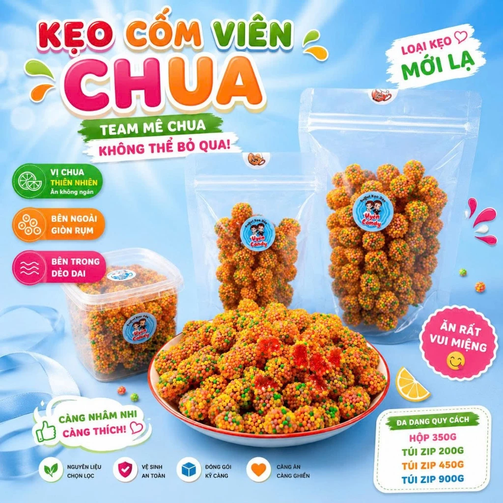 Kẹo Dẻo Phủ Cốm Viên Chua-Loại Đặc Biệt Chua Nhiều Hơn, Ăn Không Ngán,Món Ăn Vặt Không Thể Cưỡng Lại