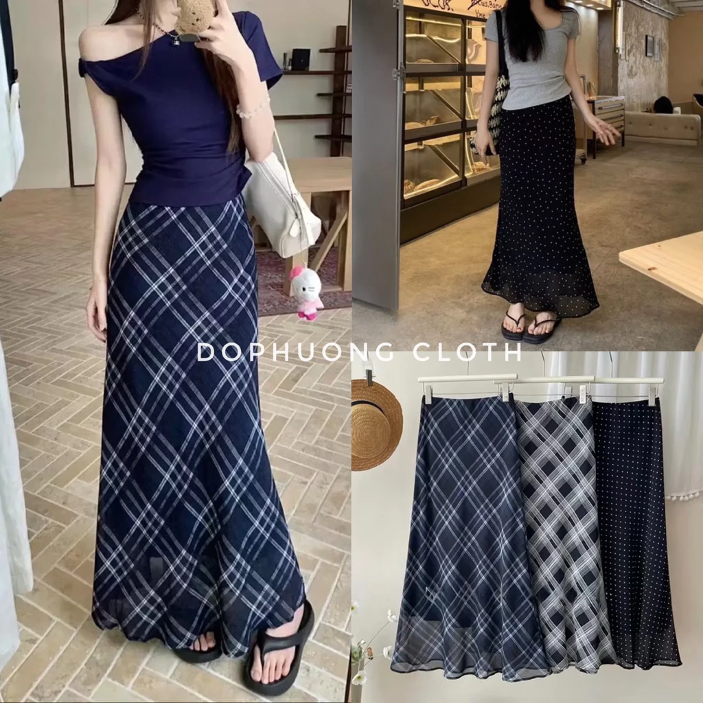 (Hàng QC video chính chủ - sẵn) Chân Váy Voan Nữ Dáng Dài Đuôi Cá Cạp Cao Hoạ Tiết Kẻ Caro, Chấm Bi Kii Wii Top
