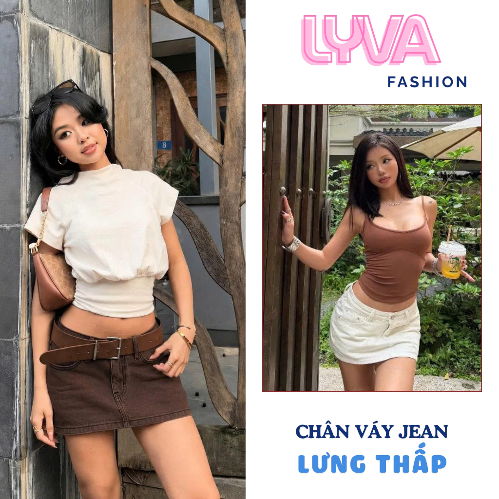 Chân Váy Jeans Ngắn Cạp Thấp V Line Form Tạo Thắt Eo Đẩy Hông Có Lót Trong, Chân váy jean cạp trễ style trẻ trung - Lyva