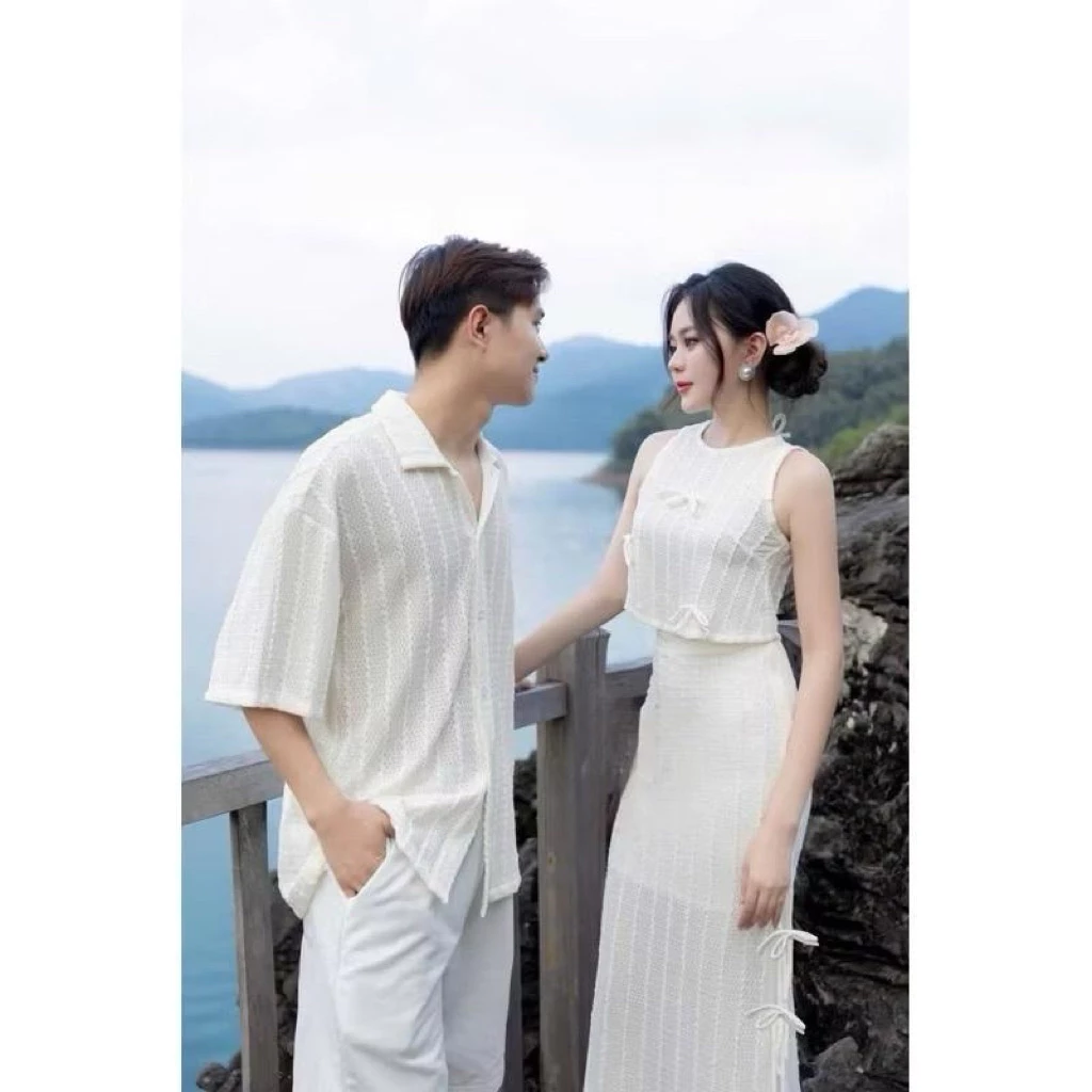 (S-57)[Deal MỞ BÁN] Bộ đồ đôi đi biển nam nữ couple áo ren 2lớp  chân váy dài midi và áo sơmi nam. Set đồ đôi