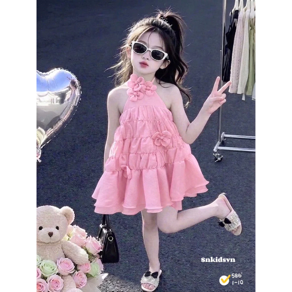 (Mới về ] Set váy cổ yếm hoa nổi 3D bồng xoè công chúa cho bé gái đi tiệc ,đi chơi (9-35kg)_U6
