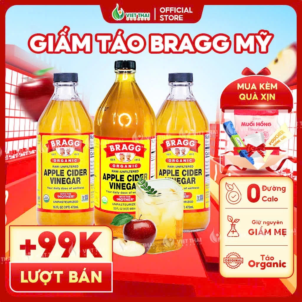 Giấm Táo Bragg Mỹ [100% Hữu Cơ] Chính Hãng Có Giấm Cái - Dấm Táo Detox Eatclean