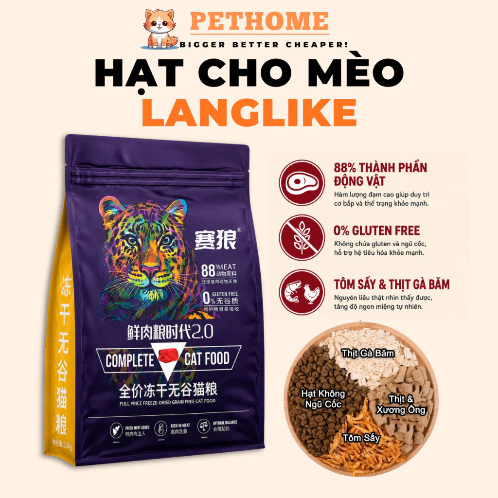 [Túi 5kg] Hạt Cho Mèo LANGLIKE Siêu Topping, Đạm 40%, Hạt LANGLIKE Cho Mèo, Không Độn Ngũ Cốc