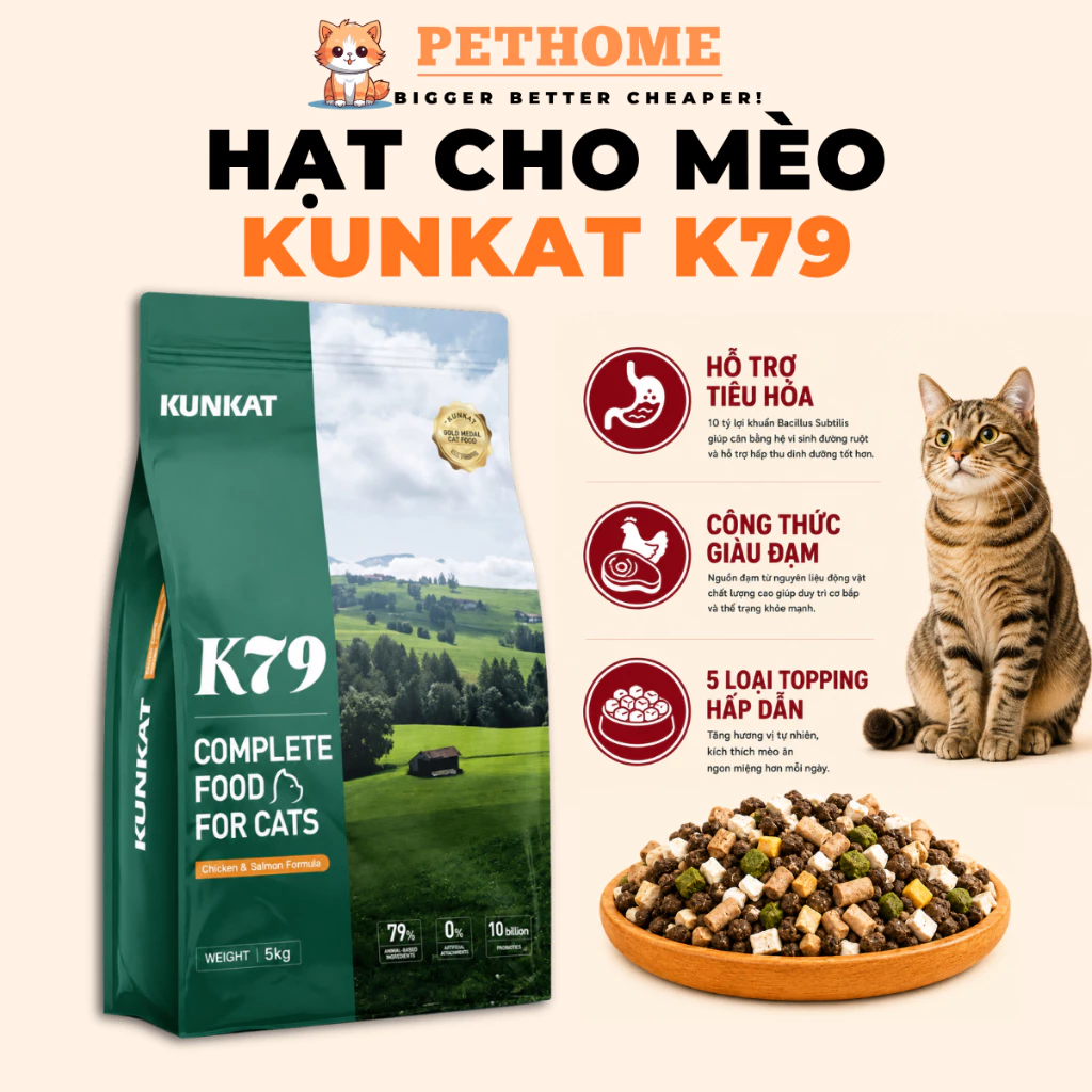 [5KG] Hạt Cho Mèo KUNKAT K79 Công Thức Giàu Đạm Từ Động Vật, 10 Tỷ Lợi Khuẩn, 5 Loại Topping Hấp Dẫn