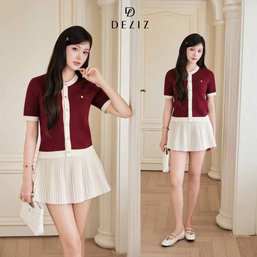 Áo len cộc tay cổ tròn dáng cardigan cài cúc phối màu viền nhiều màu DELIZ ALC602 300G