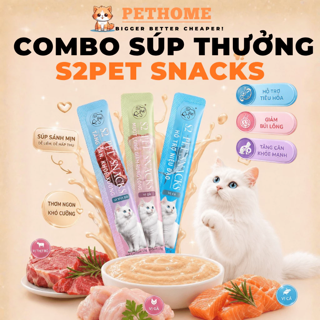[Combo 200] Súp Thưởng Cho Mèo S2PET 15g Thịt Tươi Nguyên Chất, Bổ Sung Vitamin, Không Chất Bảo Quản