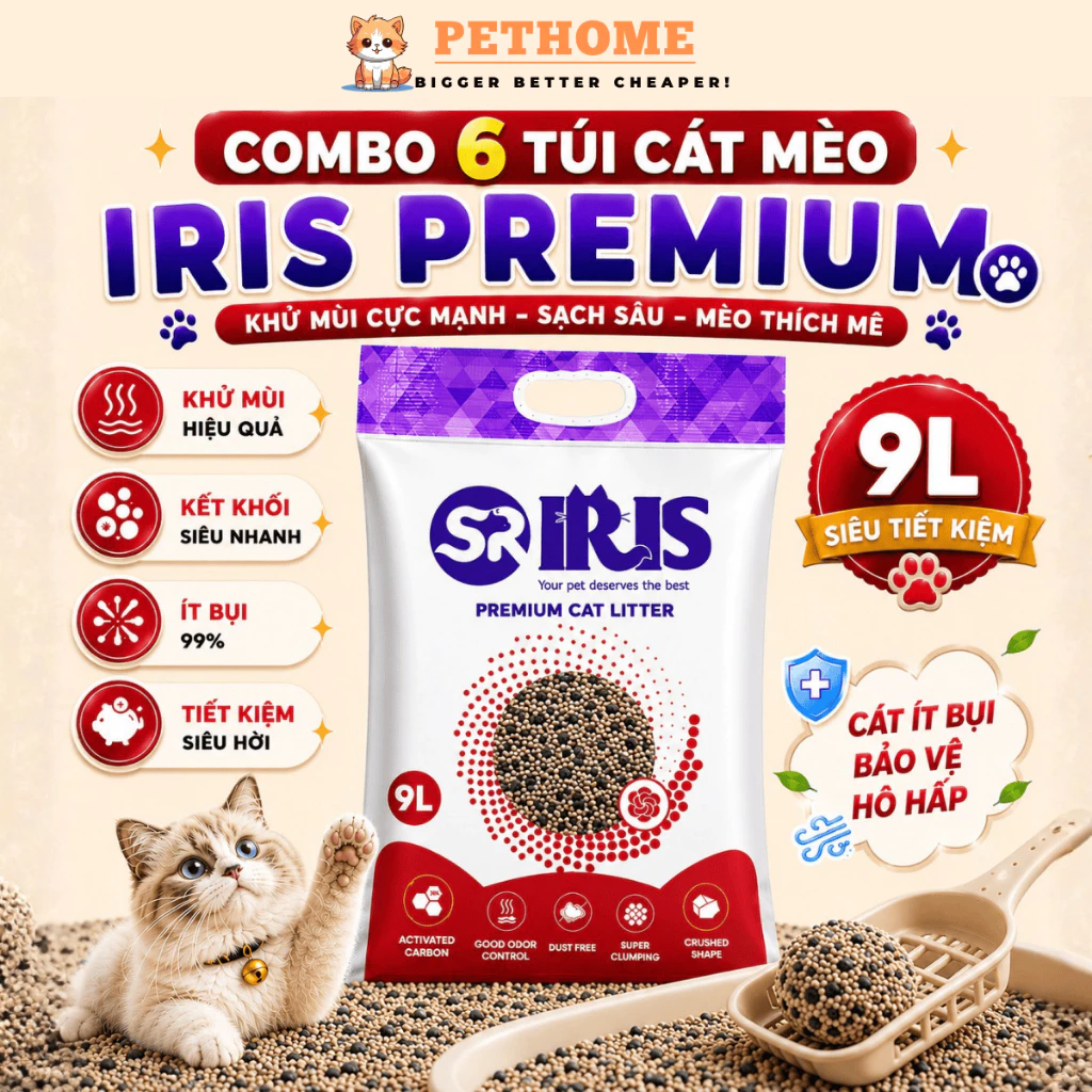 [Tải 6 Túi] Cát Vệ Sinh Cho Mèo IRIS Có Than Hoạt Tính Vón Cứng, Giảm Mùi, Thấm Hút Hiệu Quả