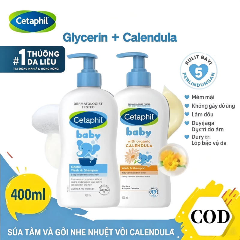 Cetaphil Baby Gentle Wash & Dầu gội / Sữa tắm hữu cơ Calendula Gentle Baby dành cho da nhạy cảm 400ml