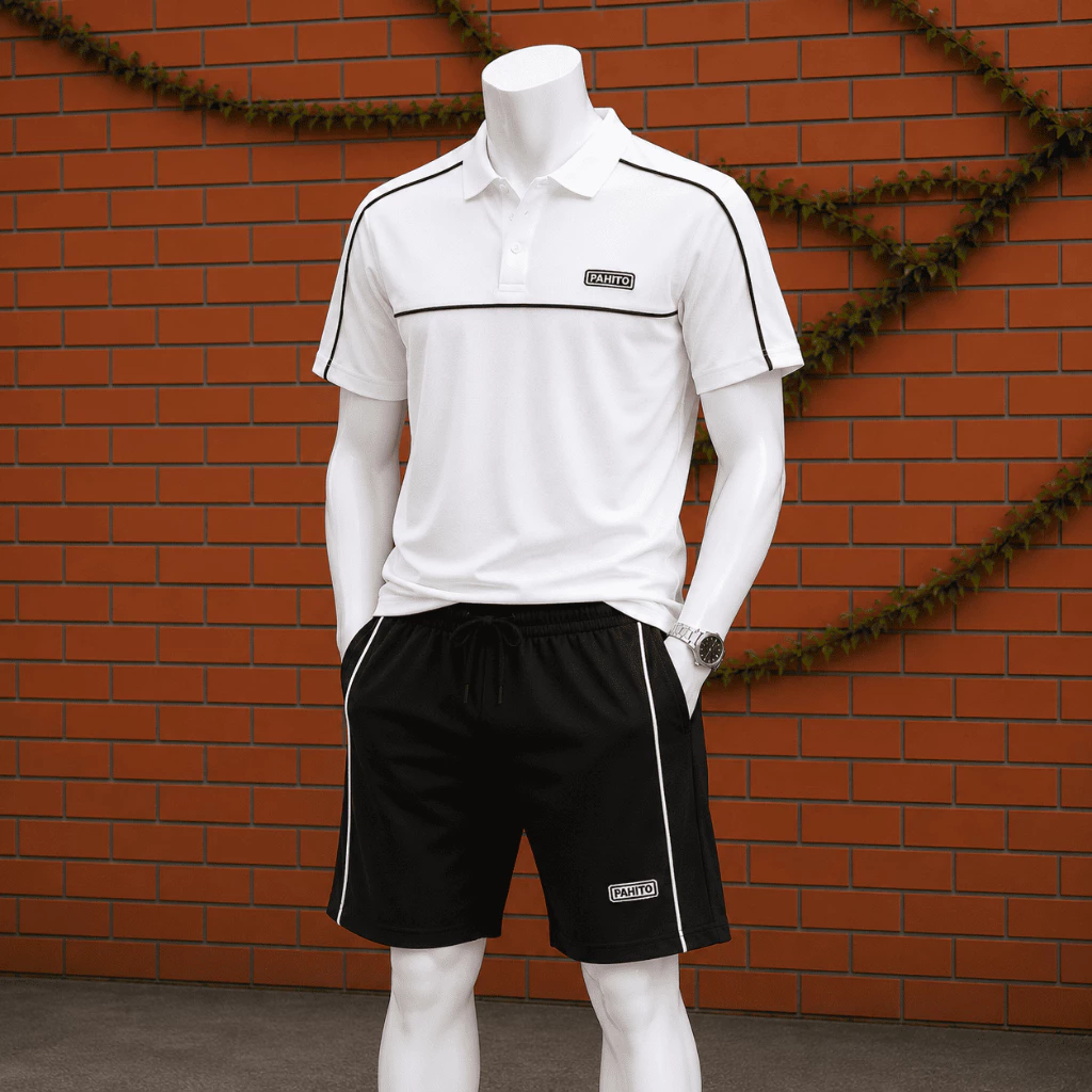 Set bộ nam nữ mùa hè cổ bẻ phối viền thêu chứ PAHITO, chất poly cá sấu co dãn đa chiều thoáng mát MENSWEAR BH31