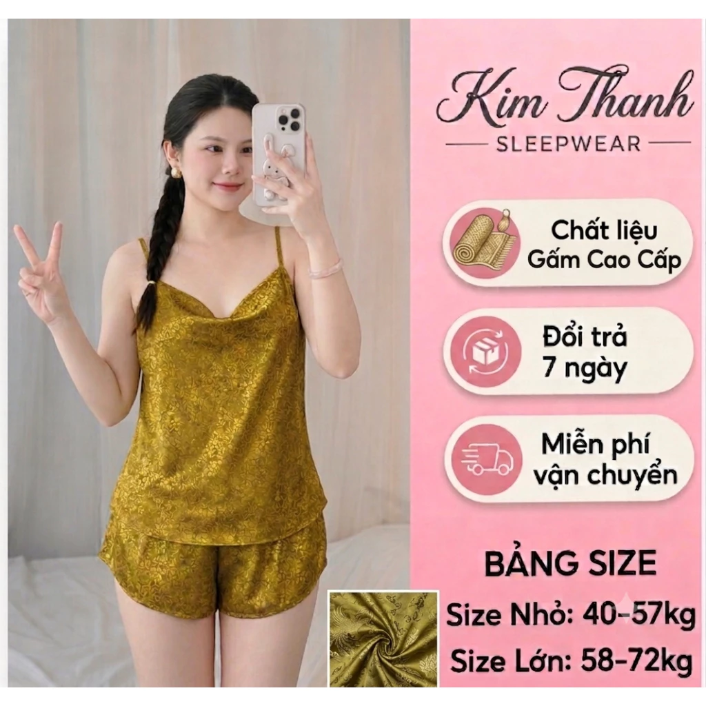 Đồ Bộ Mặc Nhà Hai Dây Quần Đùi Chất Liệu Gấm Cao Cấp Kim Thanh L8 Thoáng Mát , Thấm Hút Mồ Hôi