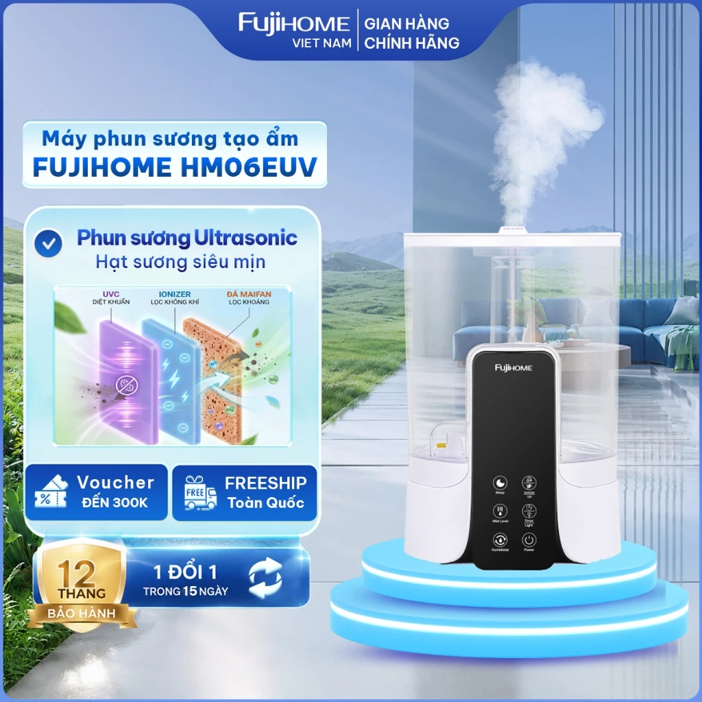 Máy phun sương tạo ẩm 6L khử khuẩn UV Nhập Khẩu FUJIHOME HM06EUV công nghệ  Ultrasonic, máy xông tinh dầu bù ẩm đèn ngủ