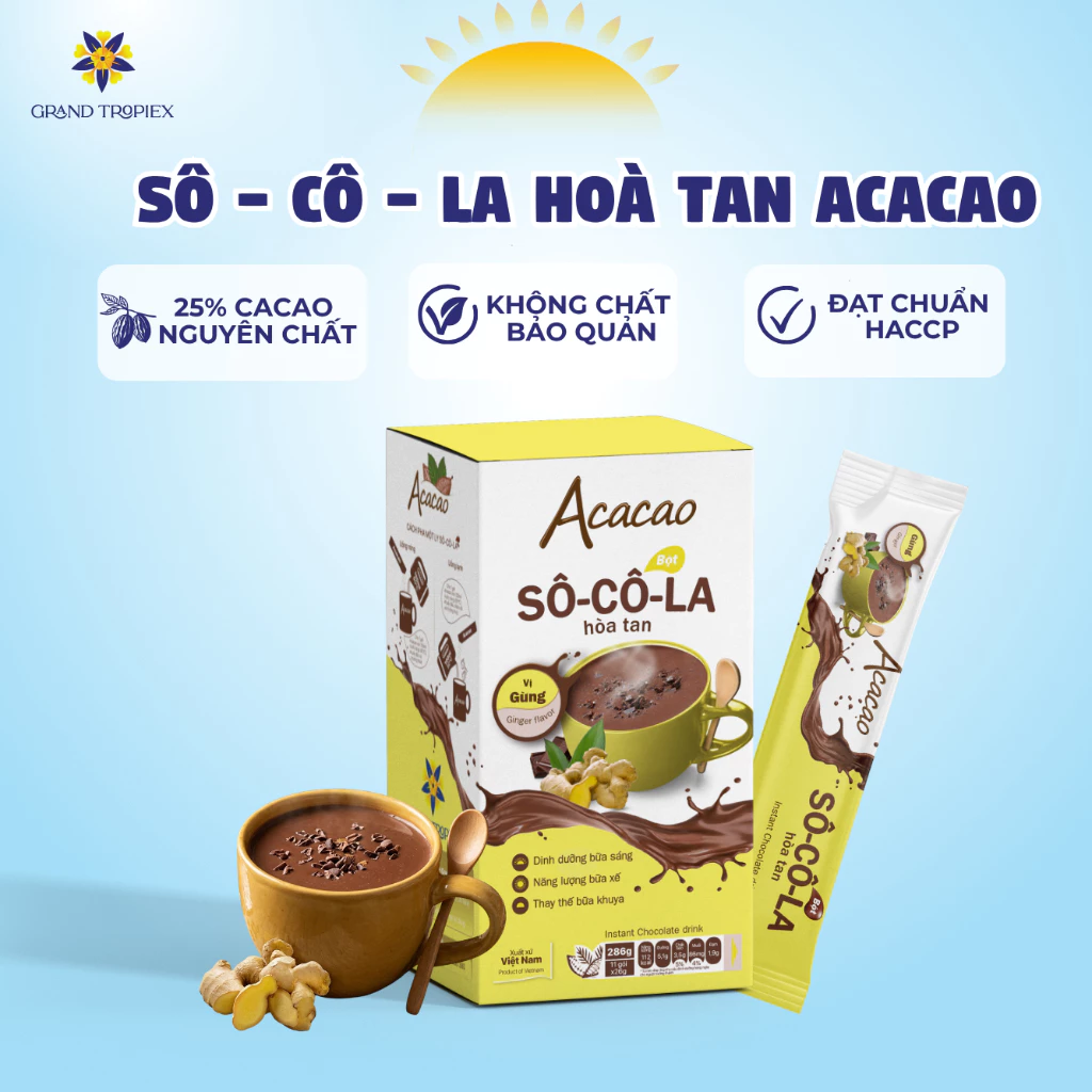 Bột Socola Hoà Tan Acacao Vị Gừng Uống Liền Dinh Dưỡng, Bột Sô-Cô-La Hương Thơm Cay Nhẹ - Hộp 286g