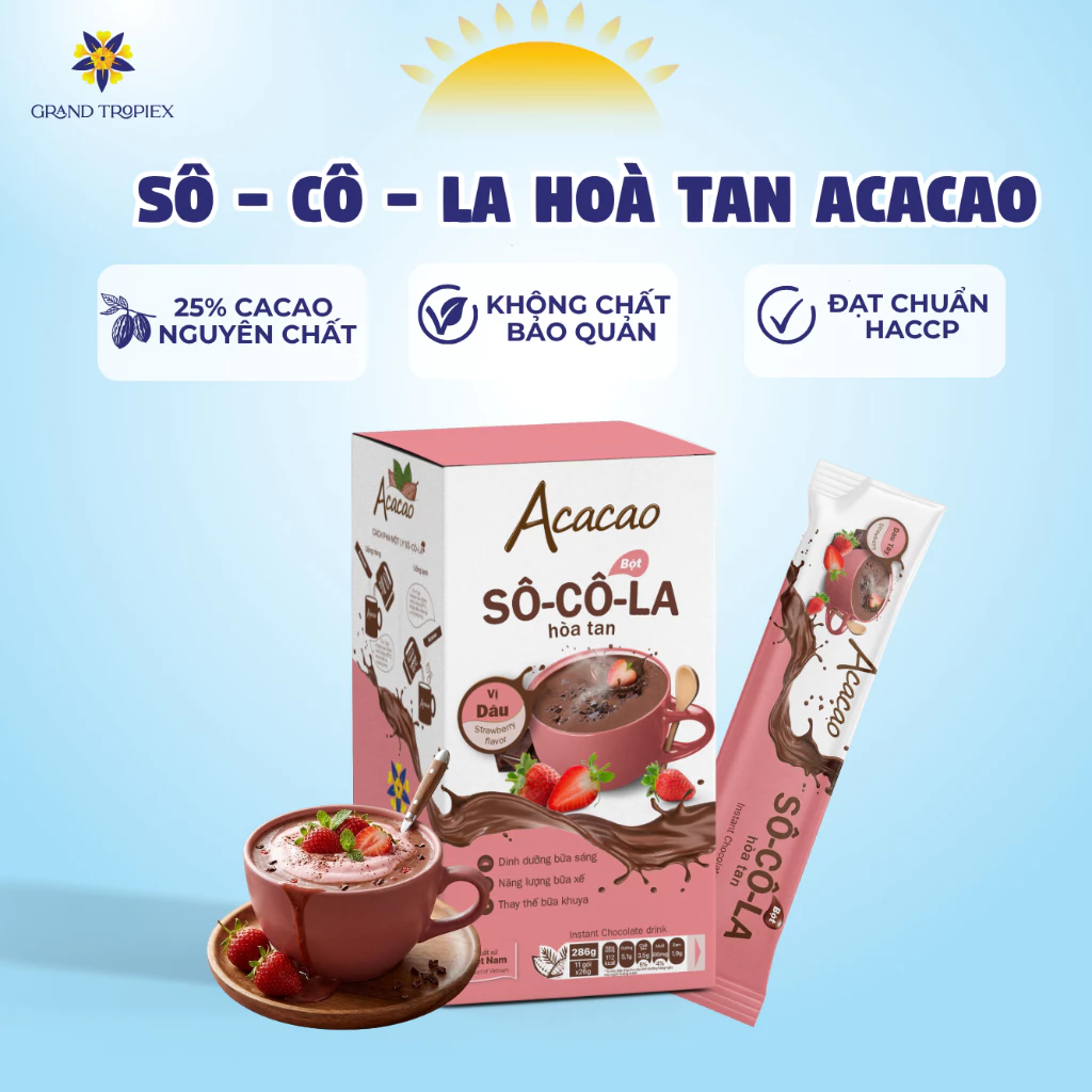 Bột Socola Hoà Tan Acacao Vị Dâu Tây Uống Liền Dinh Dưỡng, Nạp Năng Lượng Nhanh Chóng - Hộp 286g