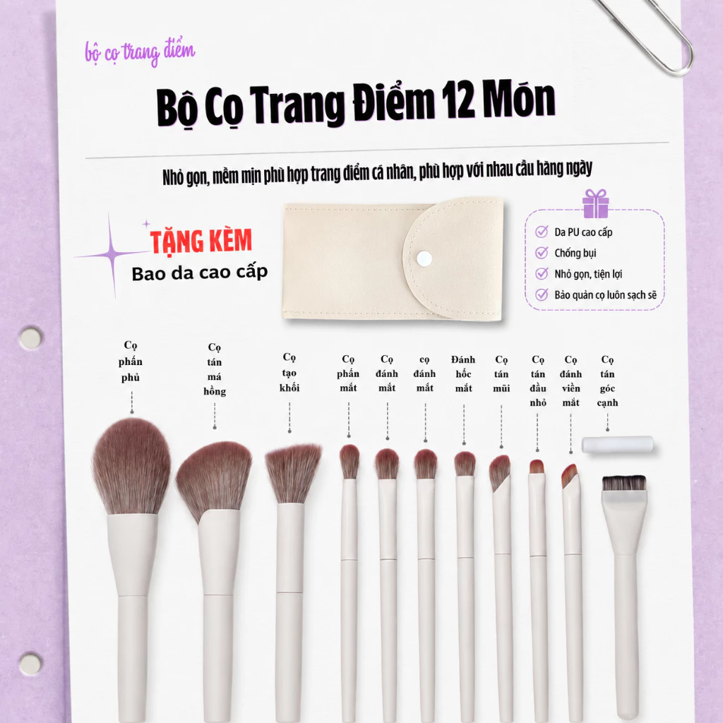 [Tặng Kèm Bao Da] Bộ Cọ Trang Điểm Cá Nhân Lumi Lax 12 Cây Màu Trắng Ngà Chuyên Nghiệp