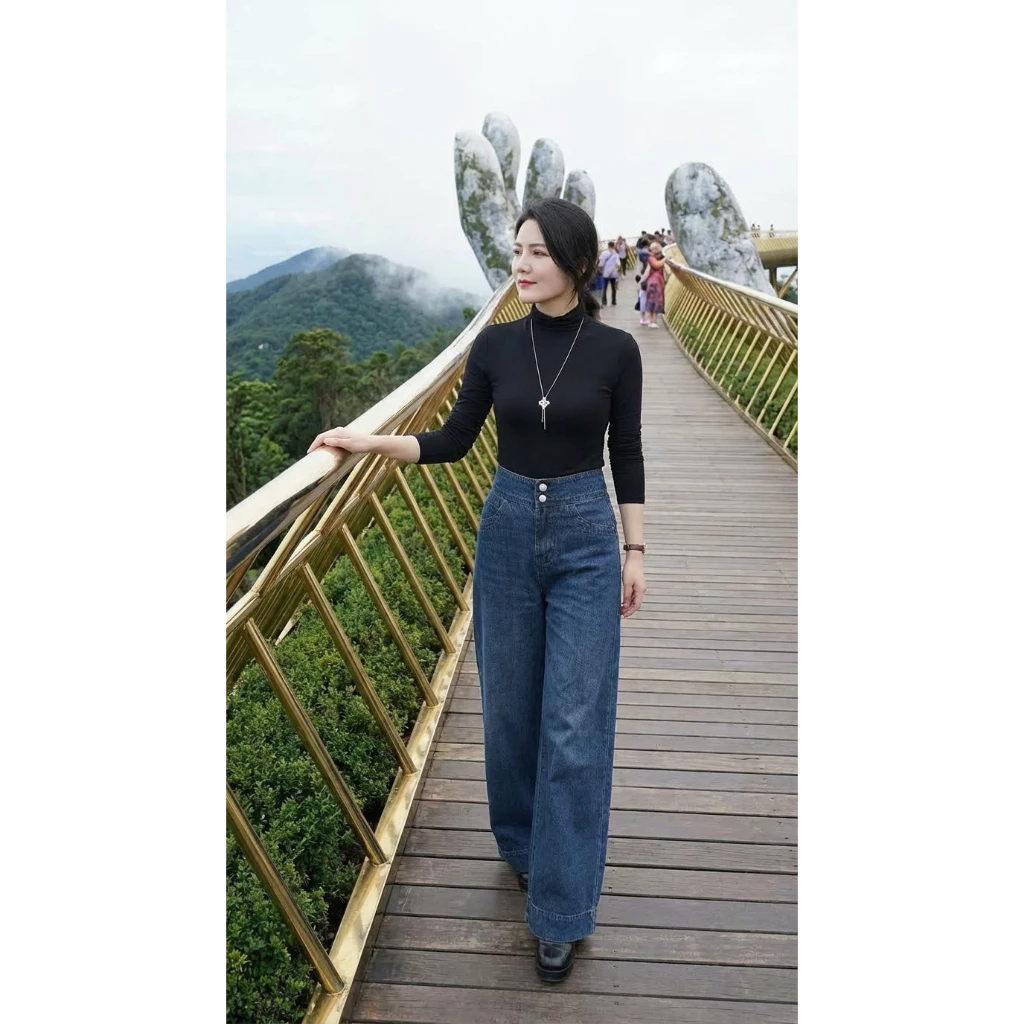 Quần Jean Nữ Ống Rộng Cạp Cao, Mặc Giày Cao Gót Tôn Dáng Màu Xanh Và Đen| Size 40–75Kg