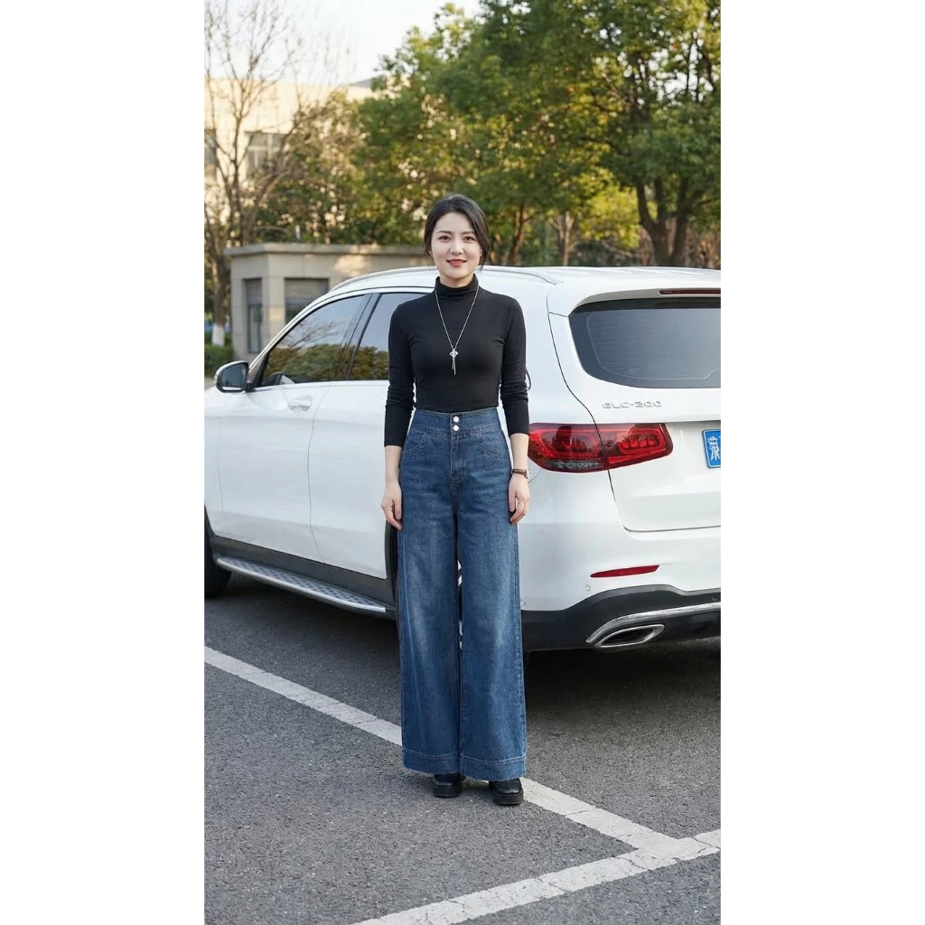 Quần Jean Nữ Ống Rộng Cạp Cao, Mặc Giày Cao Gót Tôn Dáng Màu Xanh Và Đen| Size 40–75Kg