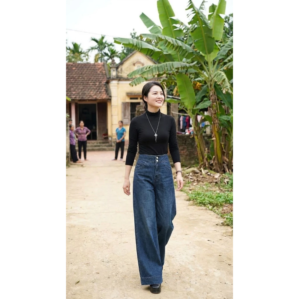Quần Jean Nữ Ống Rộng Cạp Cao, Mặc Giày Cao Gót Tôn Dáng Màu Xanh Và Đen| Size 40–75Kg