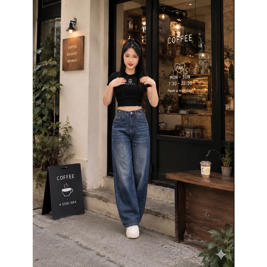 Quần Jean Nữ Ống Suông Thời Trang, Cạp Cao Kèm Belt, Dáng Đứng Tôn Eo