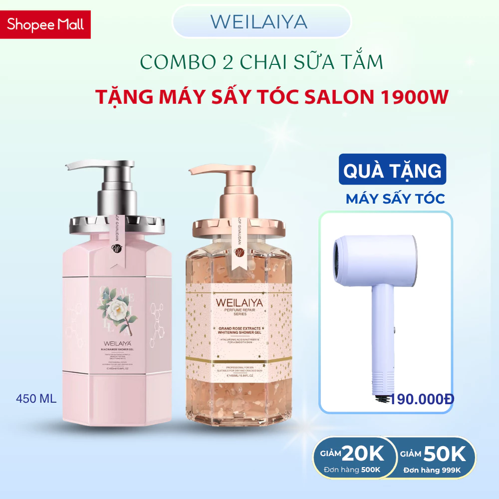 Combo 2 chai sữa tắm hoa hồng Damask Weilaiya, TẶNG MÁY SẤY TÓC