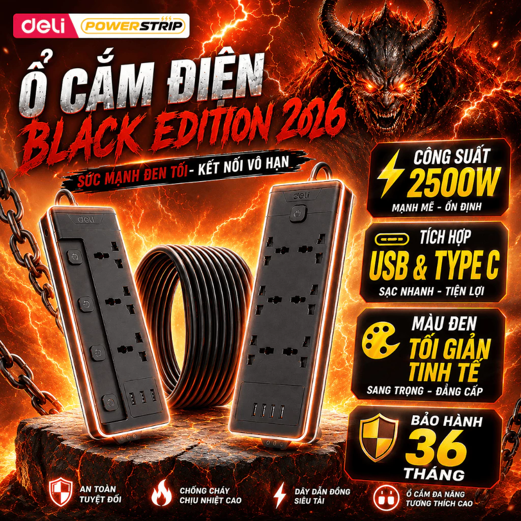 [SVIP] Ổ Cắm Điện 2026 Đa Năng Deli, Ổ Cắm Điện Chống Giật An Toàn Công Suất 2500W Màu Đen Thiết Kế Sang Trọng