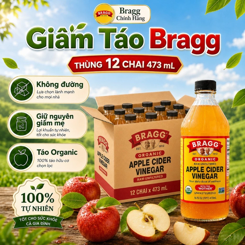 Thùng 12 Chai Giấm Táo Bragg 473ml – Hữu Cơ, Chứa Con Giấm Mẹ Tự Nhiên
