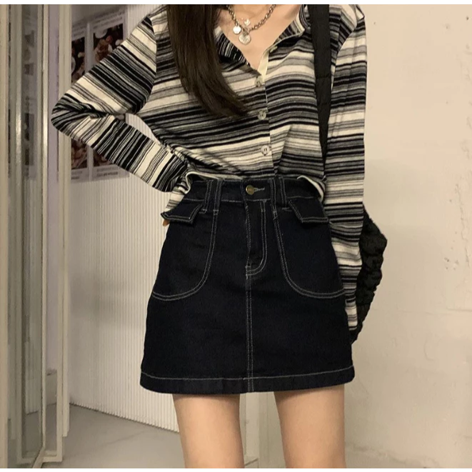 Chân Váy Jean Chữ A Lưng Cao Túi Hộp Trước Cá Tính CVJ918
