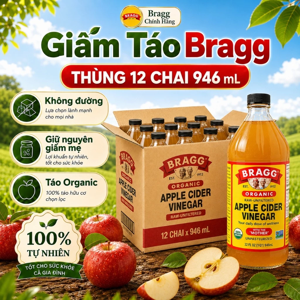 Thùng 12 Chai Giấm Táo Bragg 946ml – Hữu Cơ, Chứa Con Giấm Mẹ Tự Nhiên
