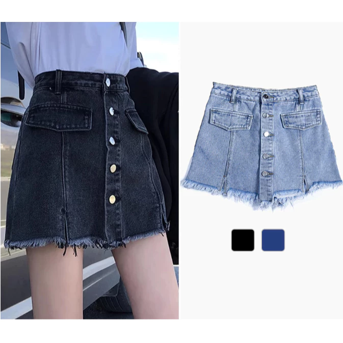 Quần Váy Jean Nữ Cài Nút Trước Lai Tua Rua Cá Tính QVJ919