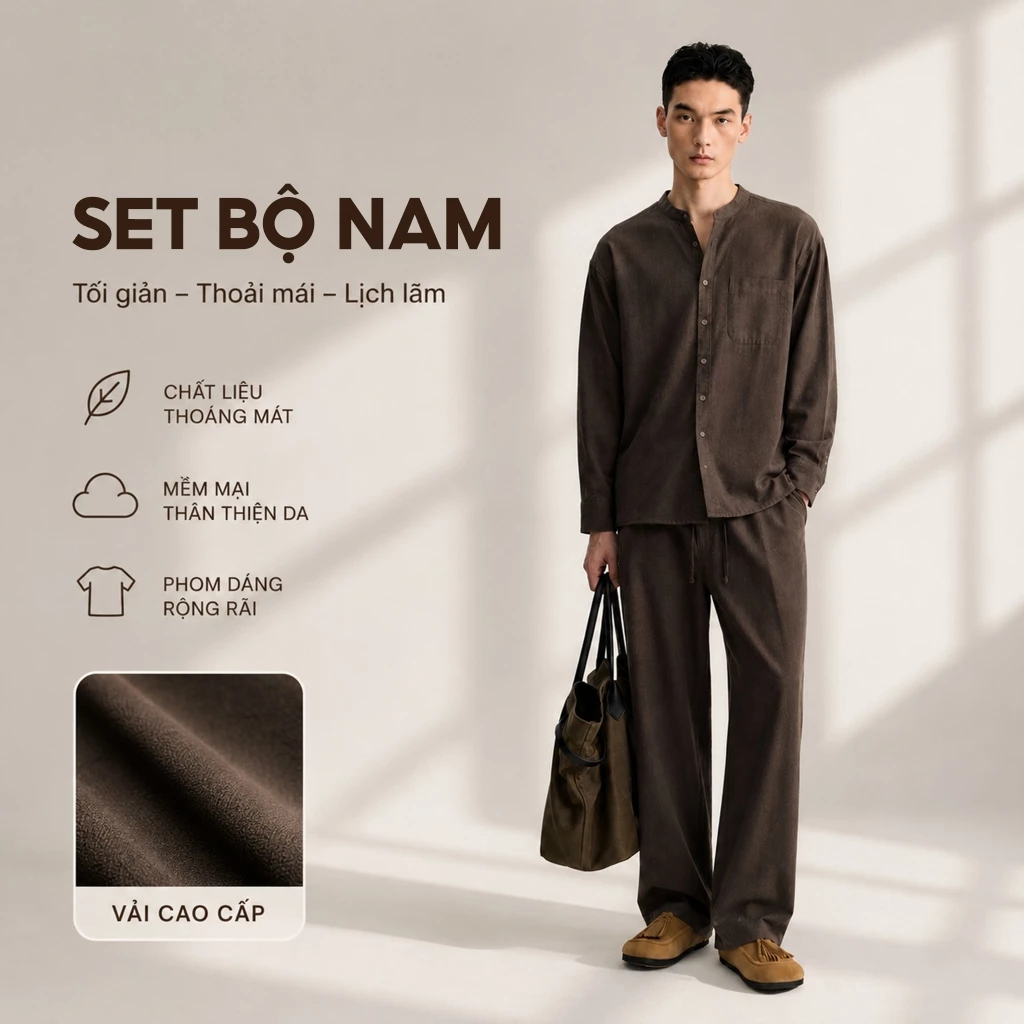Set bộ nam ROWAY, chất liệu linen cotton, form relaxed fit suông tự nhiên
